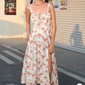 Parthea white pink floral sleeveless basque waist lace up thigh slit maxi dress